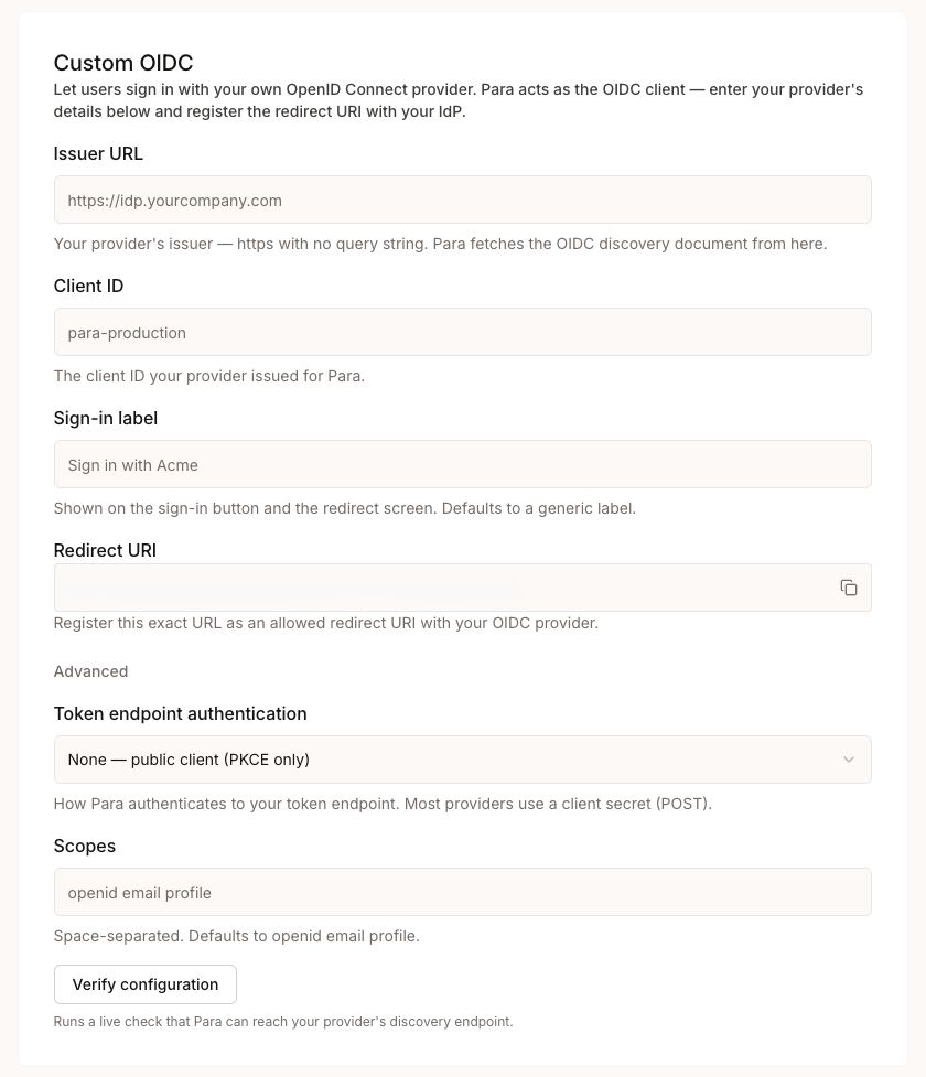 Custom OIDC configuration card in the Developer Portal Authentication screen